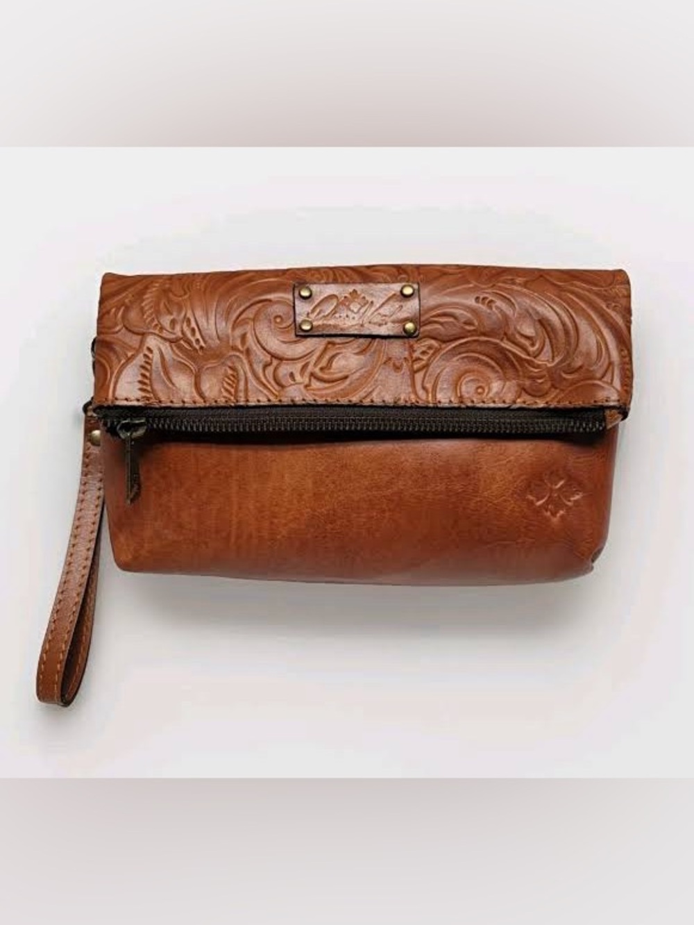 Patricia Nash Tooled Leather Zip Pouch - Cognac Brown